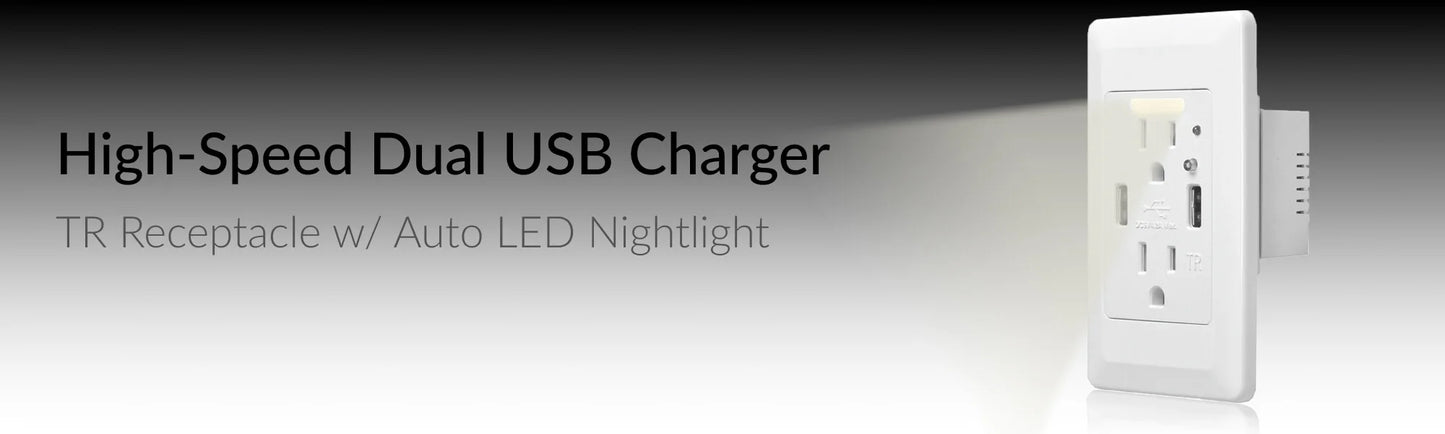 USB Wall Outlet With Night Light And Dual USB Ports 15 Amp Receptacle Model A For Home And Office-A