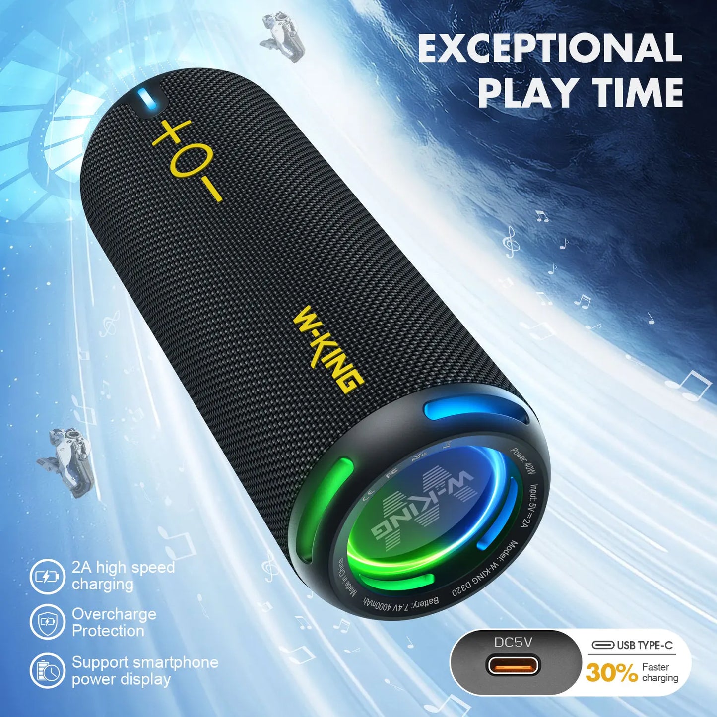 W King D320 40W Portable Bluetooth Speaker IP67 Waterproof Outdoor Rugged For Camping Beach And Backyard Parties-A