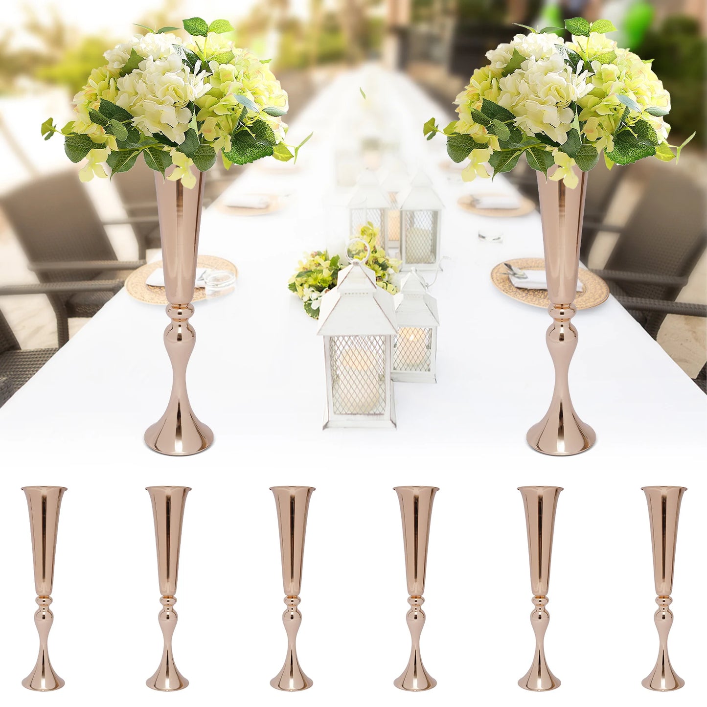 Six Piece Gold Trumpet Vase Set For Wedding Centerpieces Table Decor And Candle Holders-A