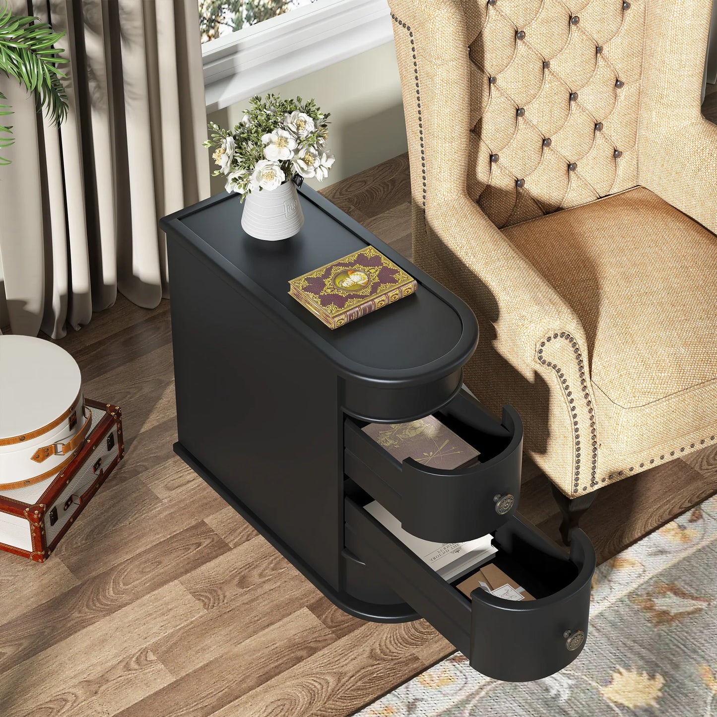 Tribesigns Round Solid Wood End Table With Two Sliding Drawers No Assembly Required Nightstand-A