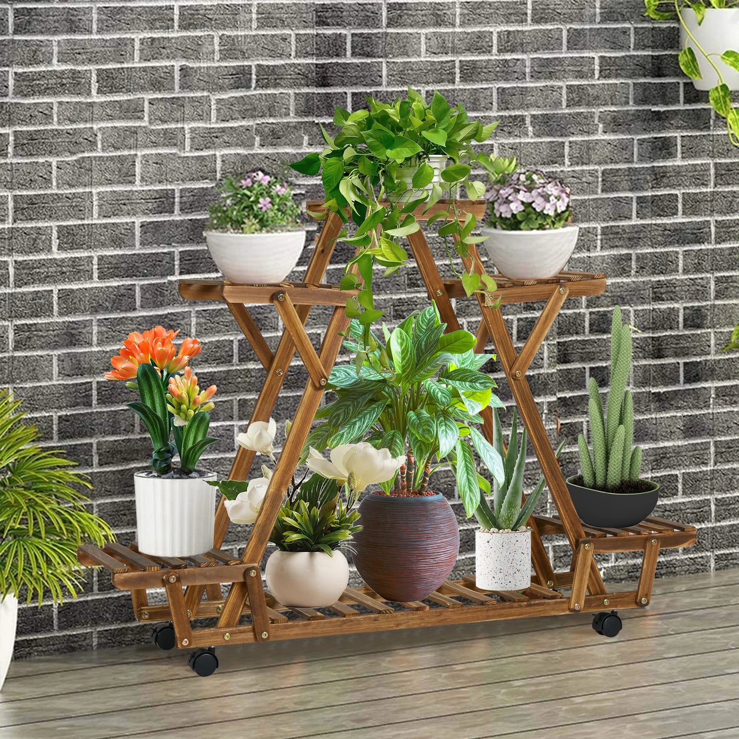 Triangular Six Pot Plant Shelf On Wheels Carbonized Wood Garden Plant Stand Display Rack-A