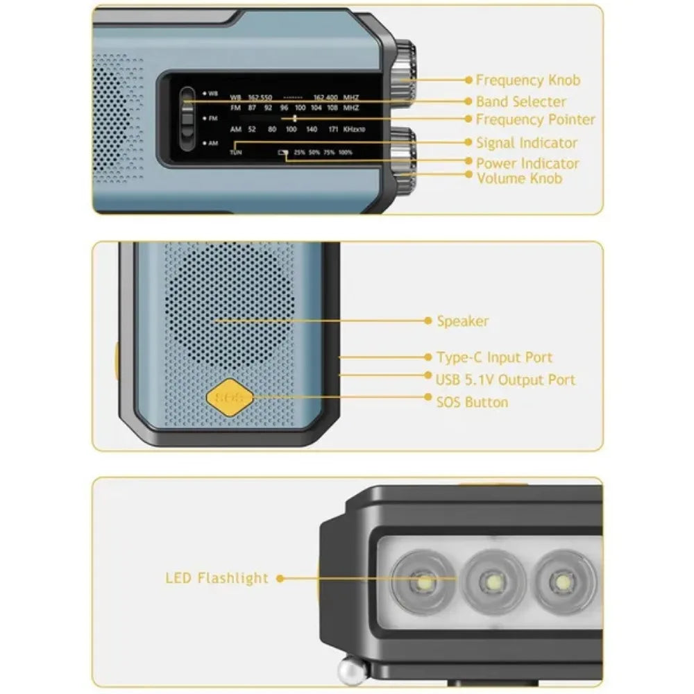 STONEGO Emergency Solar Hand Crank Radio Power Bank with NOAA Weather Alerts