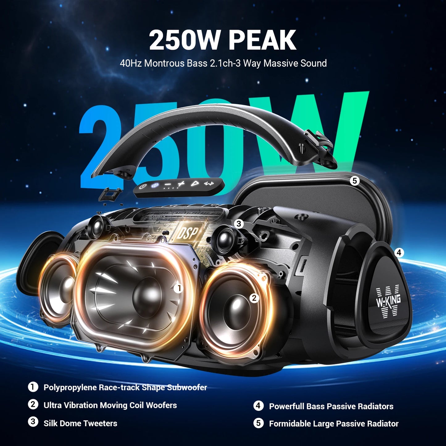 W King X20S Bluetooth Speaker With Strap IPX7 Waterproof 140W RMS Five Driver System Outdoor-A