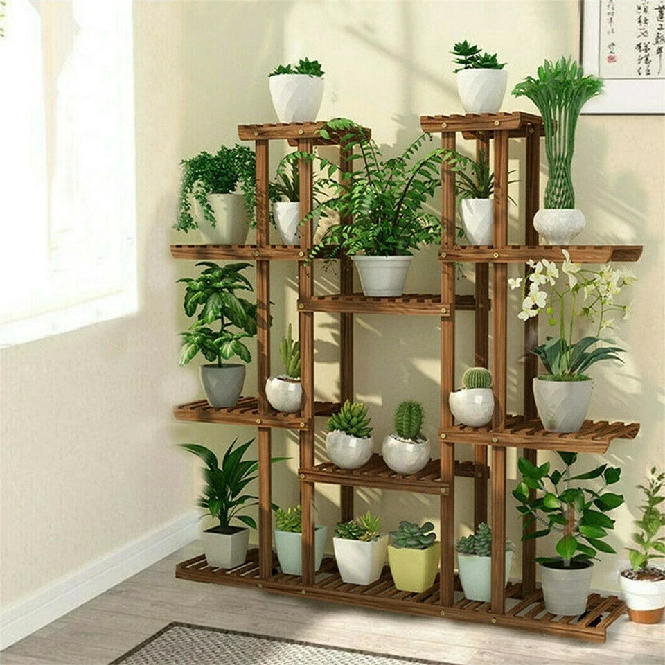 UNHO 46 Inch Multi Tier Plant Stand Wood Flower Rack 16 Pot Display Shelves Indoor Outdoor Patio Garden-A