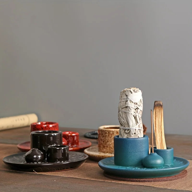 Ceramic Four In One Incense Holder For Yoga Meditation Relaxation Aromatherapy For Mindful Practices-A