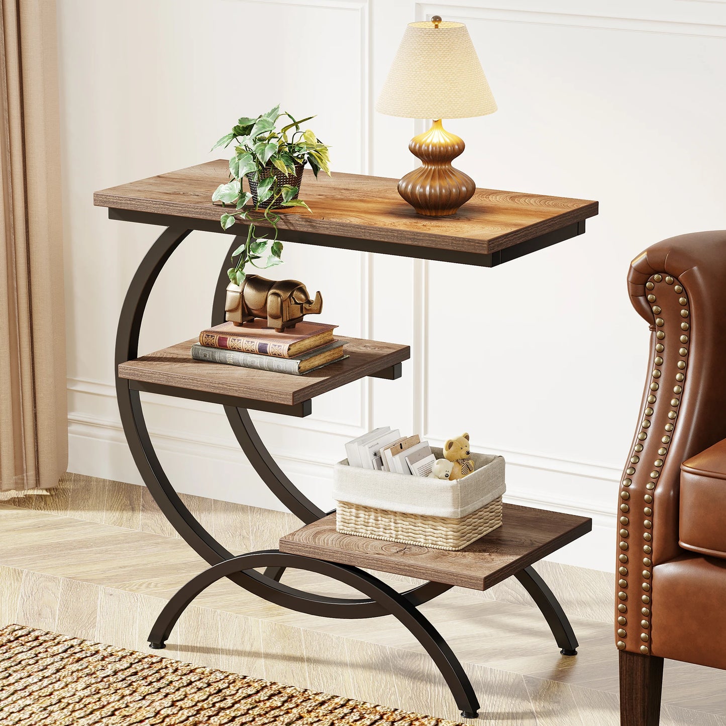 Tribesigns C Shaped End Table With 3 Tier Storage Shelves Rustic Brown Tabletop And Matte Black Metal Frame-A