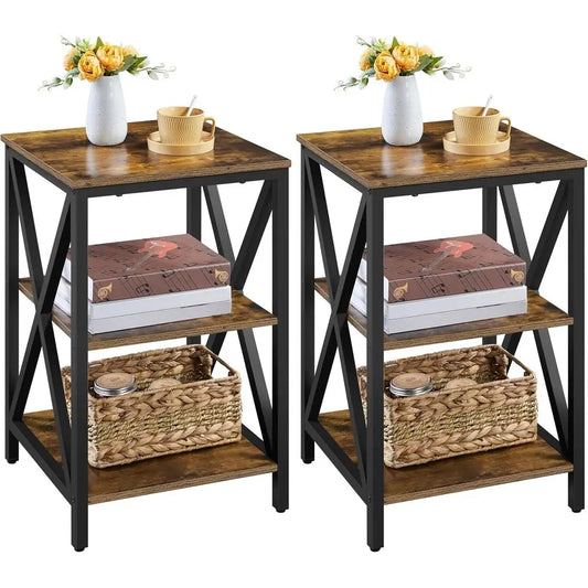 Industrial End Tables With 3 Tier Storage Shelves For Living Room