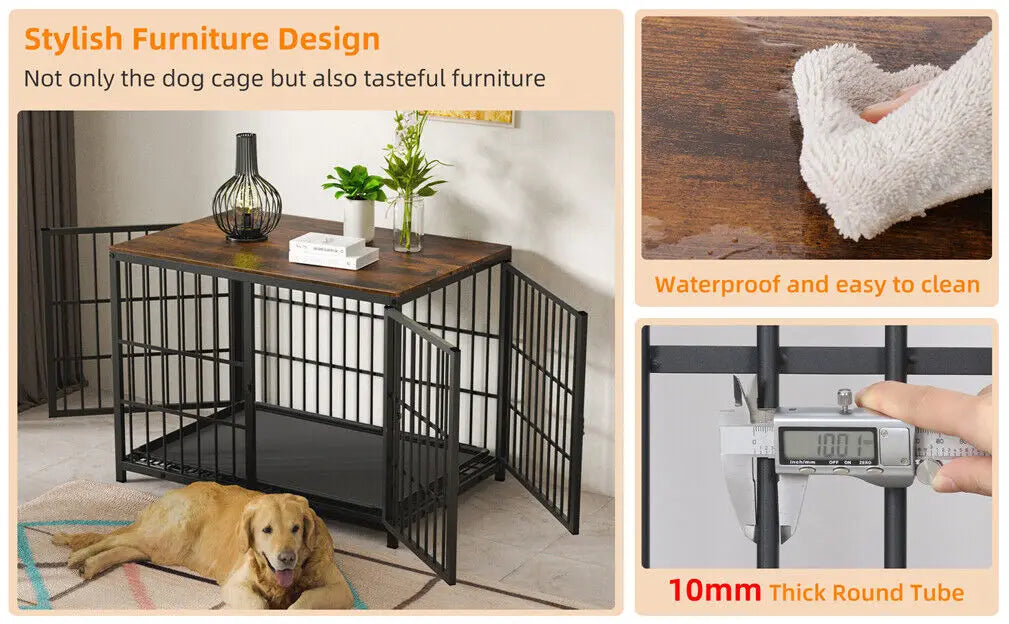 Bingopaw Heavy Duty Dog Kennel End Table Crate With Three Doors Built From Iron And MDF With Wood Tone Top-A