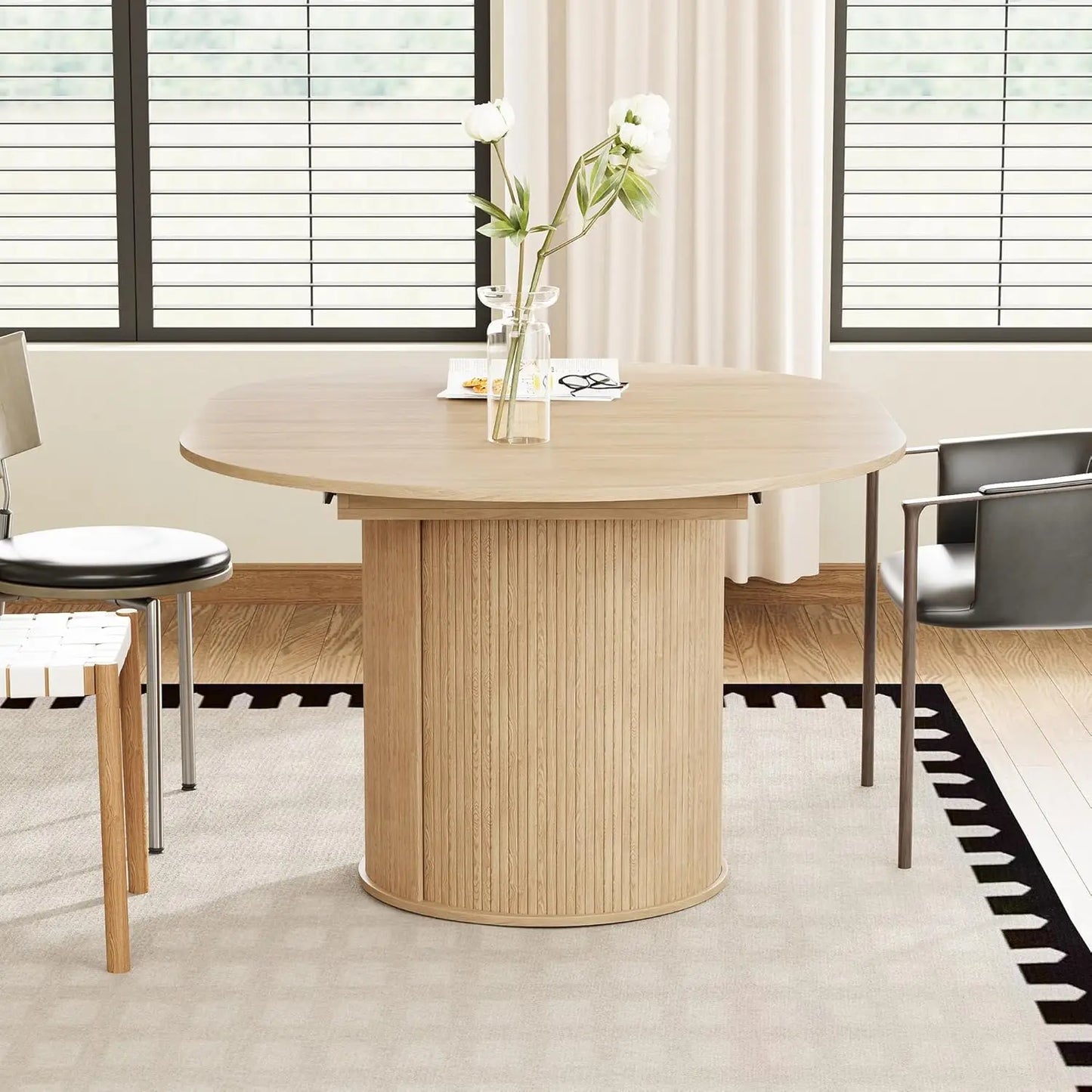 Extendable Round To Oval Dining Table With Hidden Storage Cabinet For Four To Six Guests Space Saving Modern Wood-A
