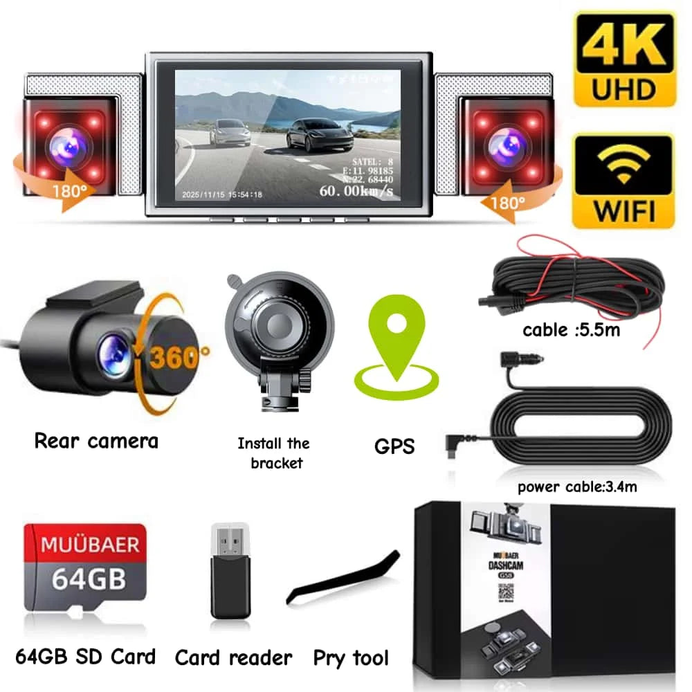 MUÜBAER 4K 360 Dash Cam 4 Channel With GPS 5GHz WiFi Front Left Right Rear 360 Degree View-A