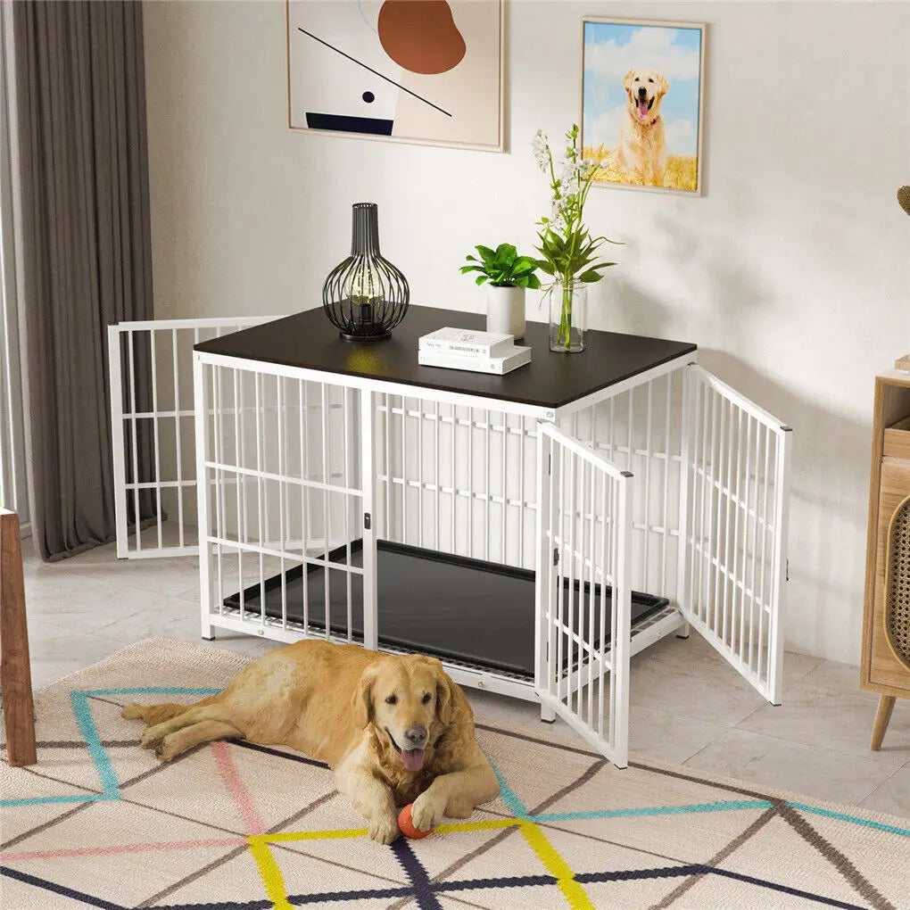 Bingopaw Heavy Duty Dog Kennel End Table Crate With Three Doors Built From Iron And MDF With Wood Tone Top-A