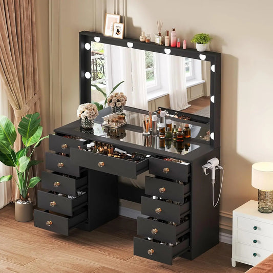 Glass Top Vanity Desk With 10 LED Lights And Large Mirror