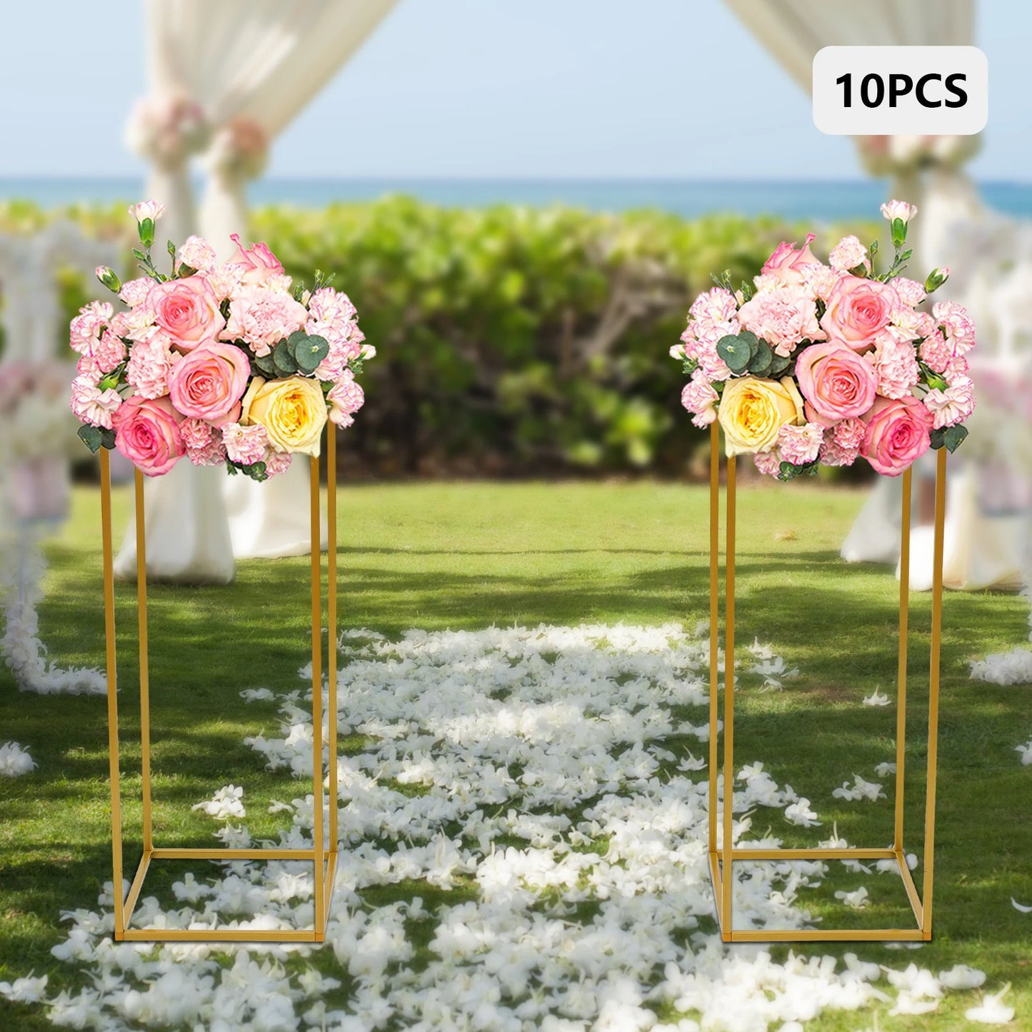 Gold-Toned 10 Piece Metal Flower Rack Set For Weddings And Events With Elegant Centerpiece Displays-A