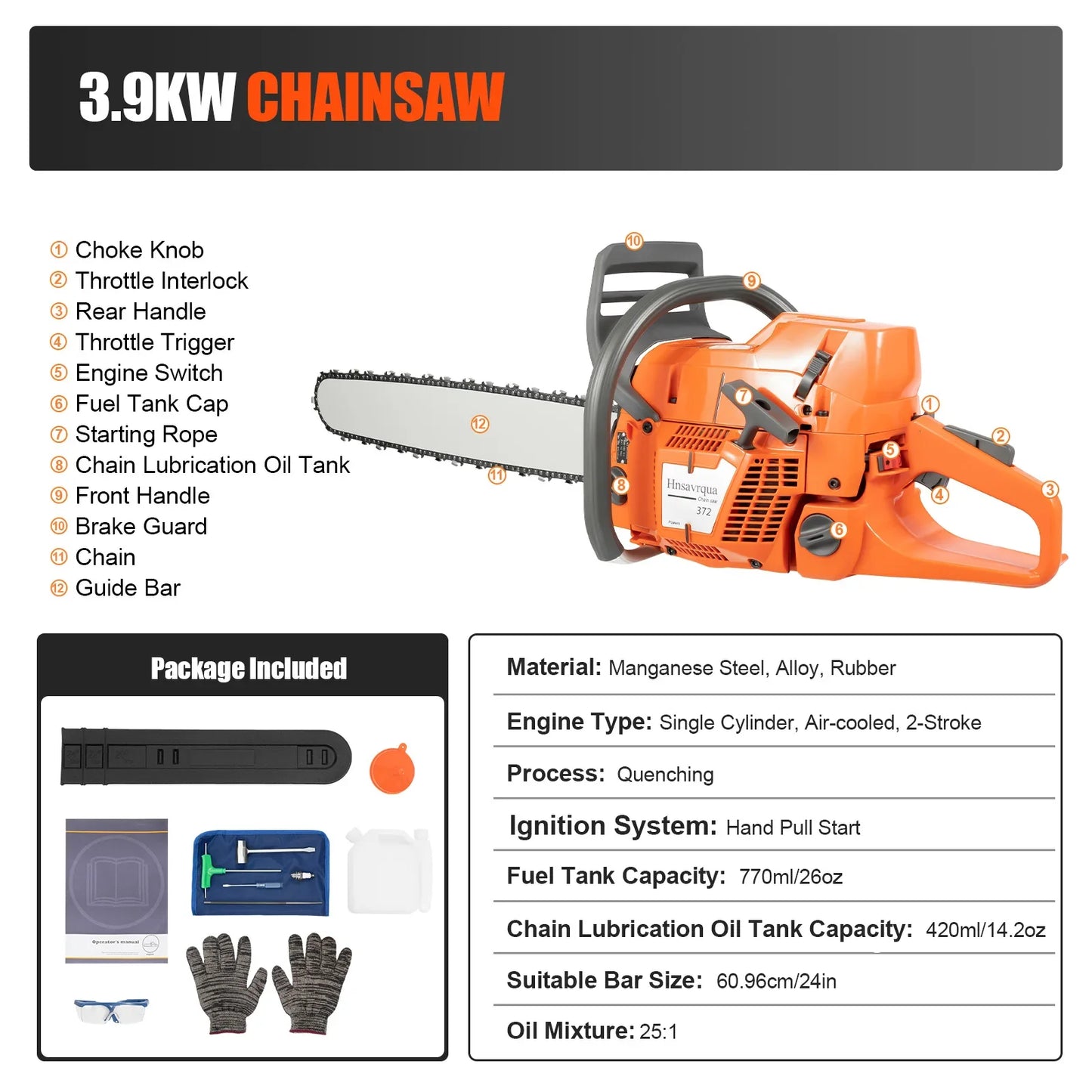 Cheuraivee Gas Powered Chainsaw With Two Stroke Engine Handheld Wood Cutting Tool-A