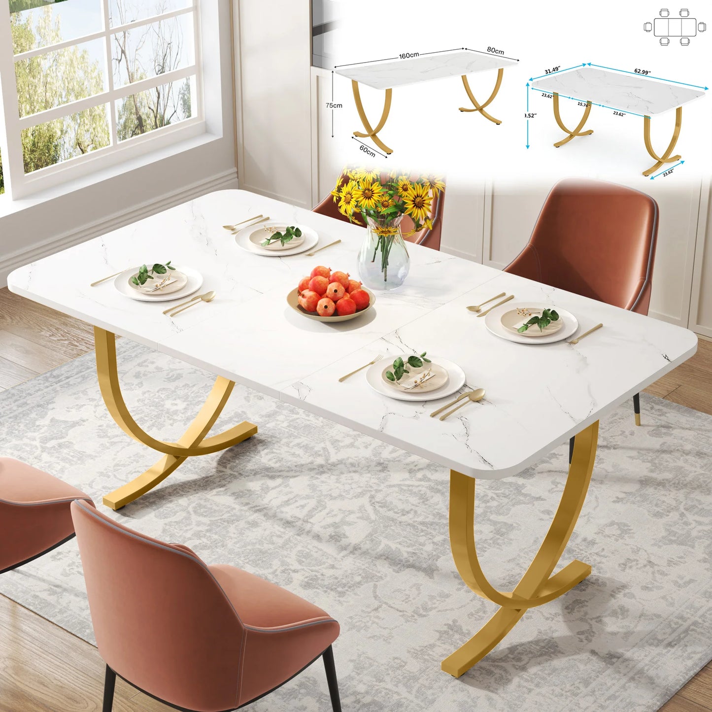 Tribesigns Rectangular Dining Table For Four To Six With Faux Marble Top Modern Kitchen Table-A