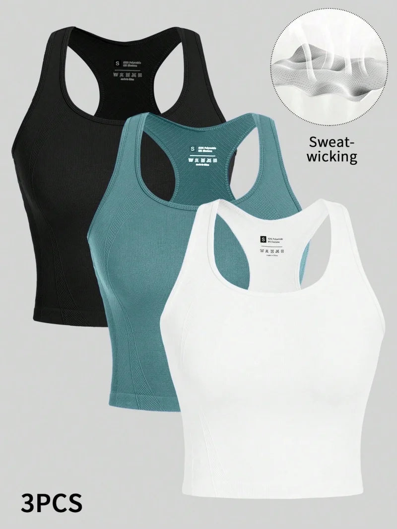 3 Piece Womens Yoga Vest Set Racerback Tank Tops Breathable Seamless Rib Knit Activewear Collection