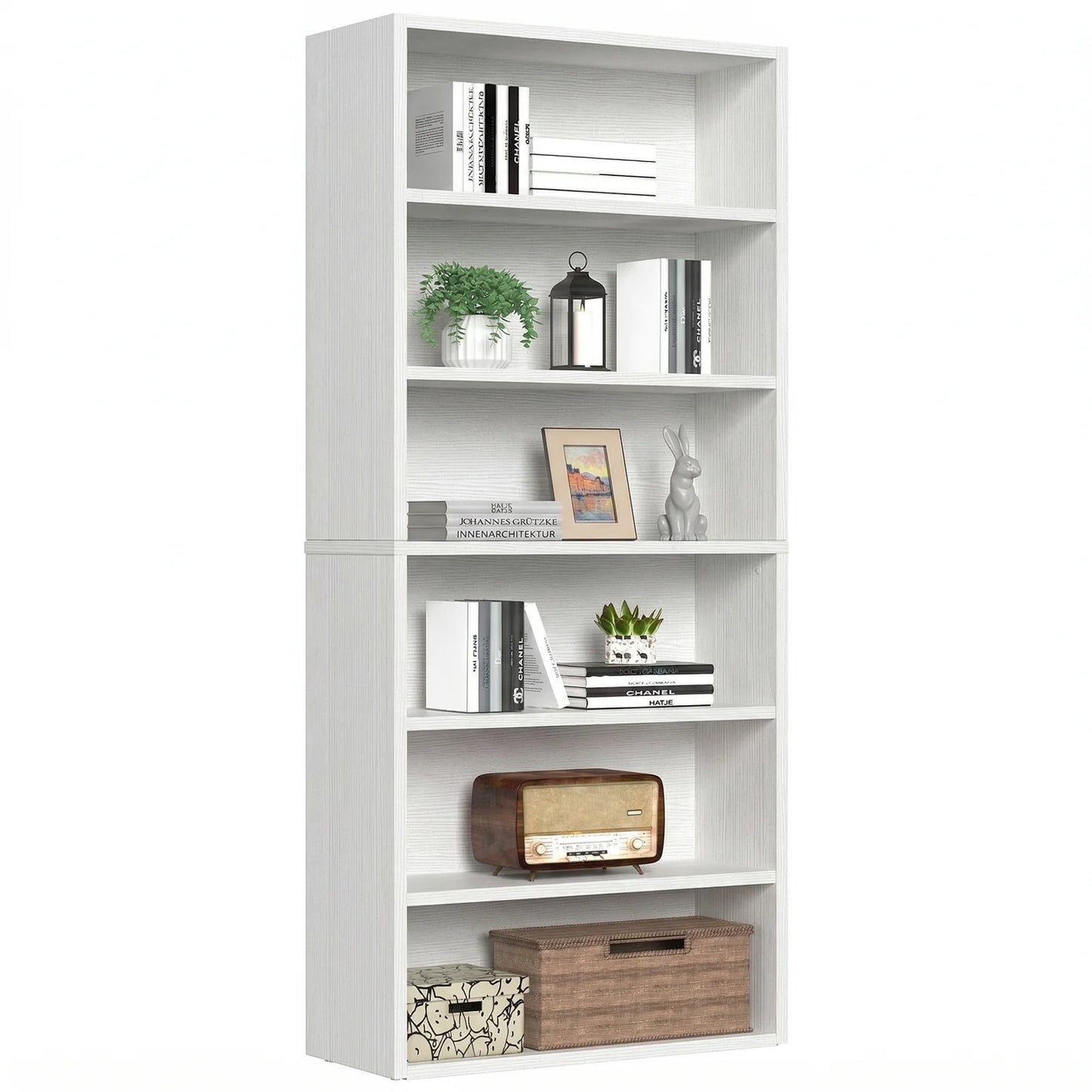 MCQ Wooden Bookcase With Open Shelves And Display Storage Six Shelf Unit For Books Photos And Collectibles-A