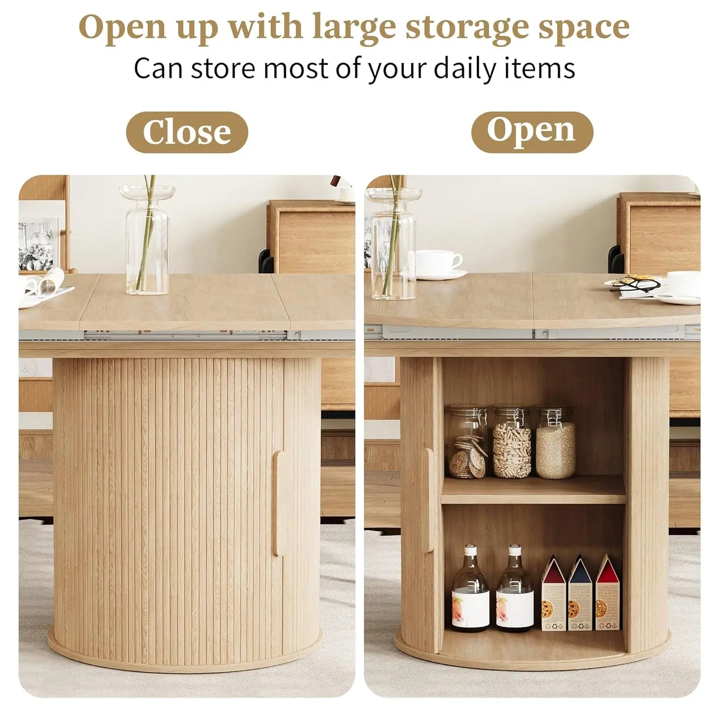Extendable Round To Oval Dining Table With Hidden Storage Cabinet For Four To Six Guests Space Saving Modern Wood-A