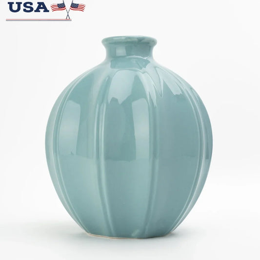 Ceramic Oval Vase With Ribbed Texture For Indoor Decorative Display