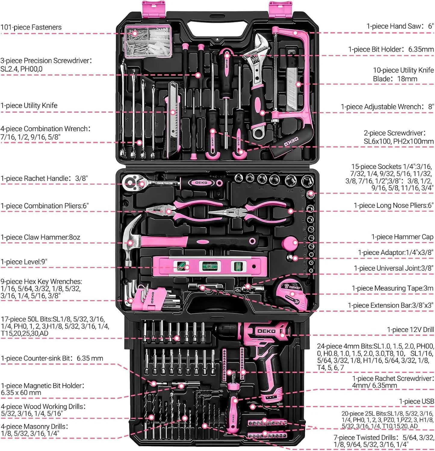 DEKO Home Mechanic Toolbox With 12V Cordless Drill Pink Portable Kit With 1.5Ah Battery-A