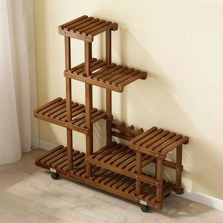 Wisfor 5 Tier Wooden Plant Stand On Wheels for Indoor and Outdoor Use Mobile Garden Display-A