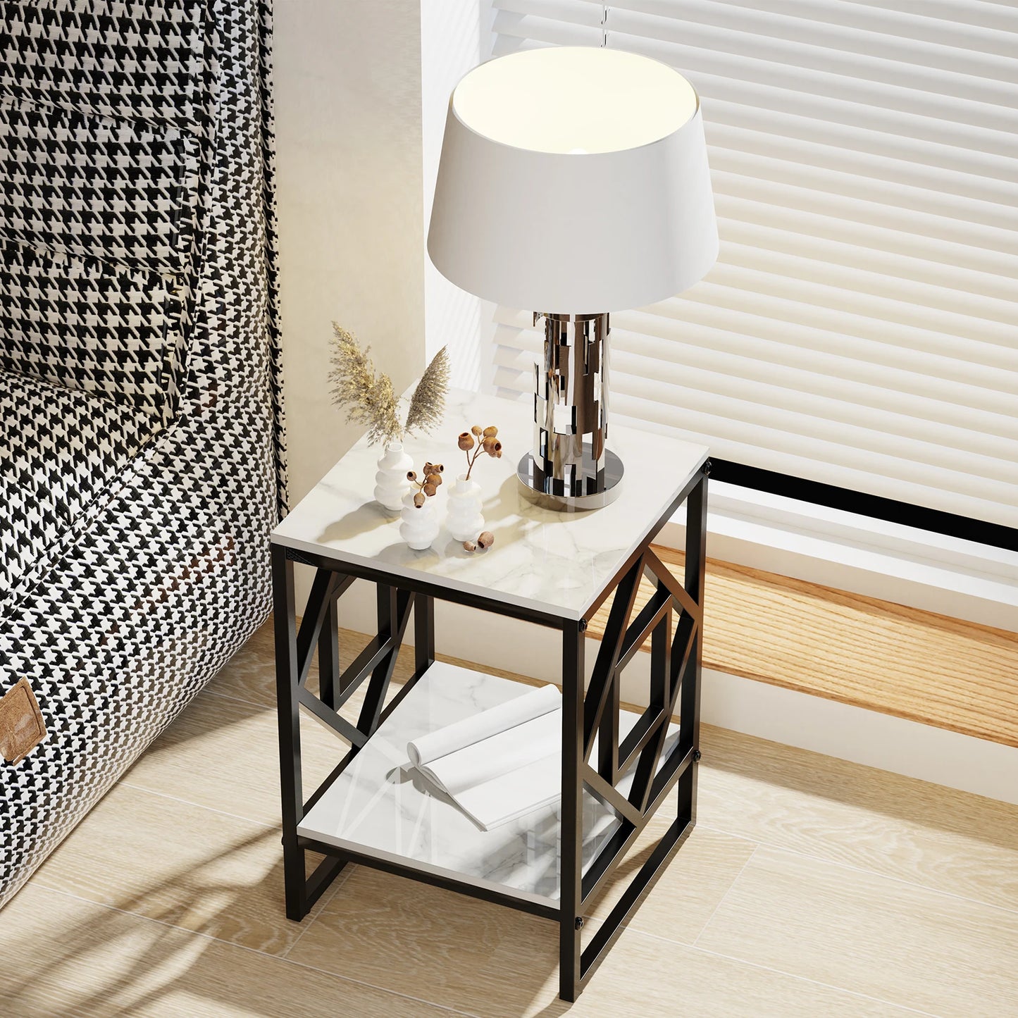 Marble Top Side Table With Square Metal Frame Two Tier Open Shelves End Table For Living Room Nordic Modern-A
