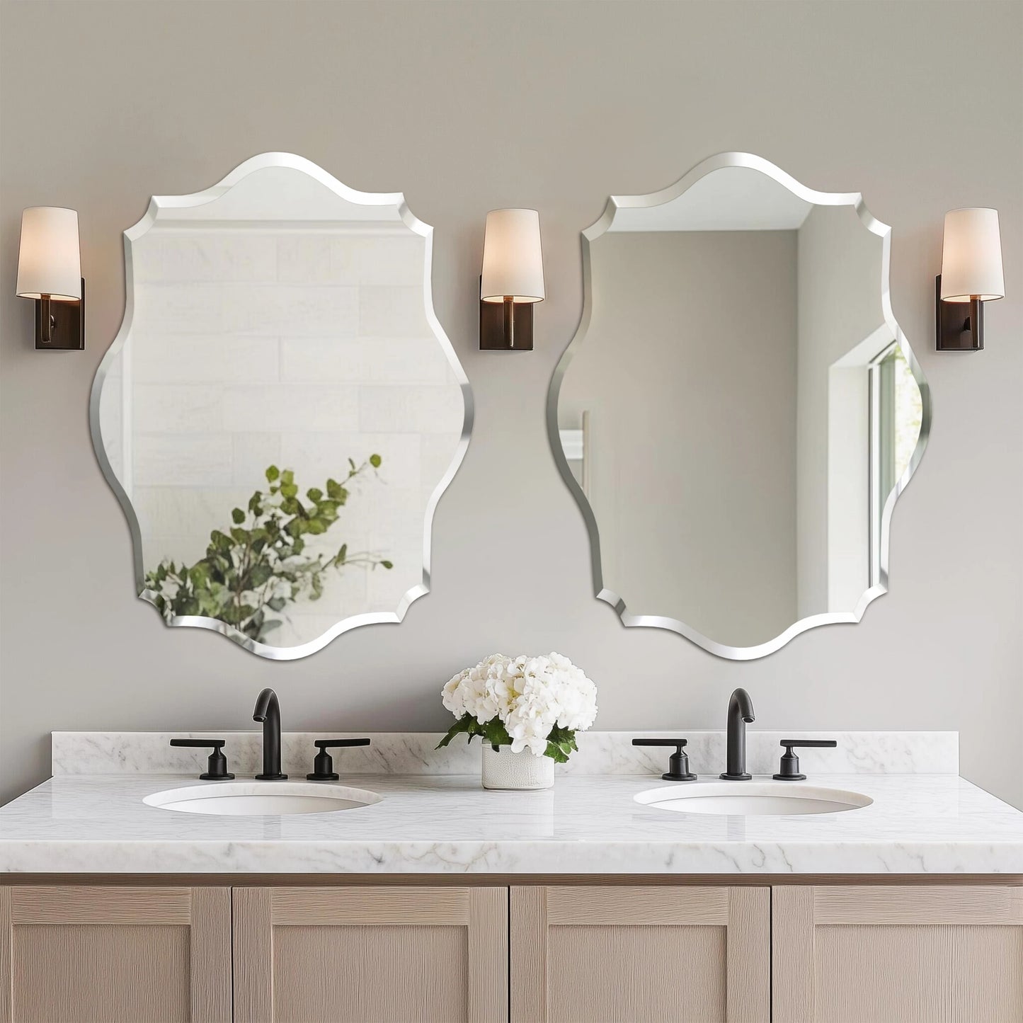 Wisfor Scalloped Frameless Wall Mirror With Beveled Edge Polished Finish For Bathroom Living Room Vanity Bedroom-A