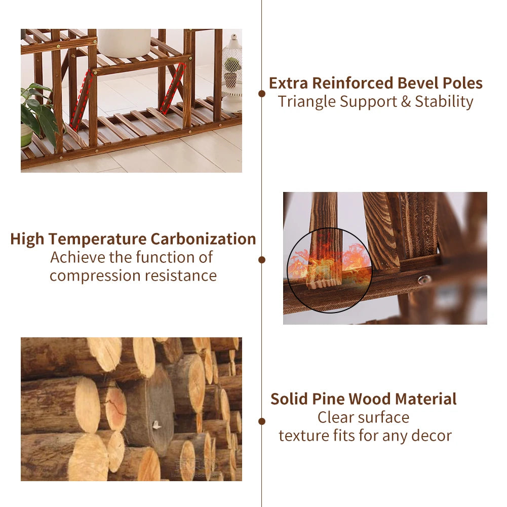 Wisfor Natural Pine Wood Plant Shelf With Multiple Tiers Indoor Outdoor Display Stand For Vertical Garden-A