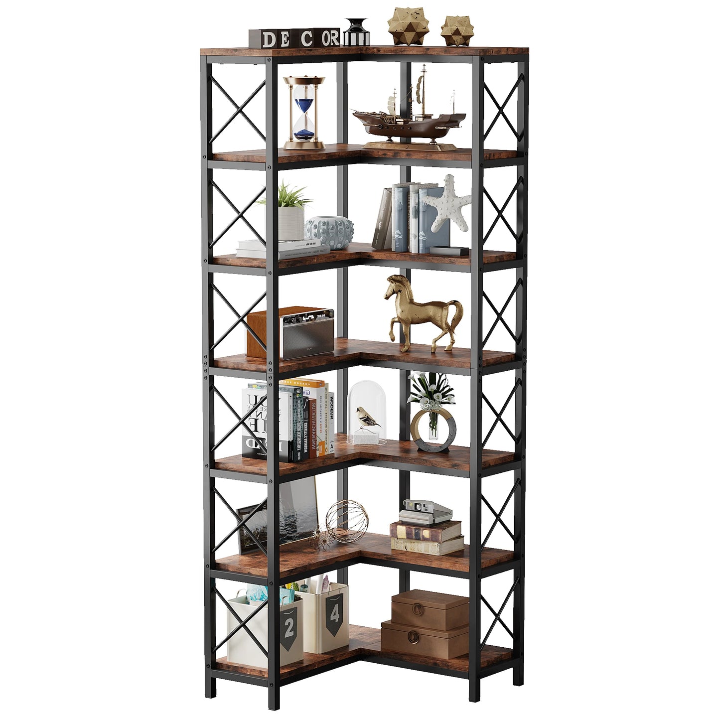 Tribesigns 7 Tier Corner Bookshelf Modern Metal Frame Display Rack For Living Room And Home Office Organization-A