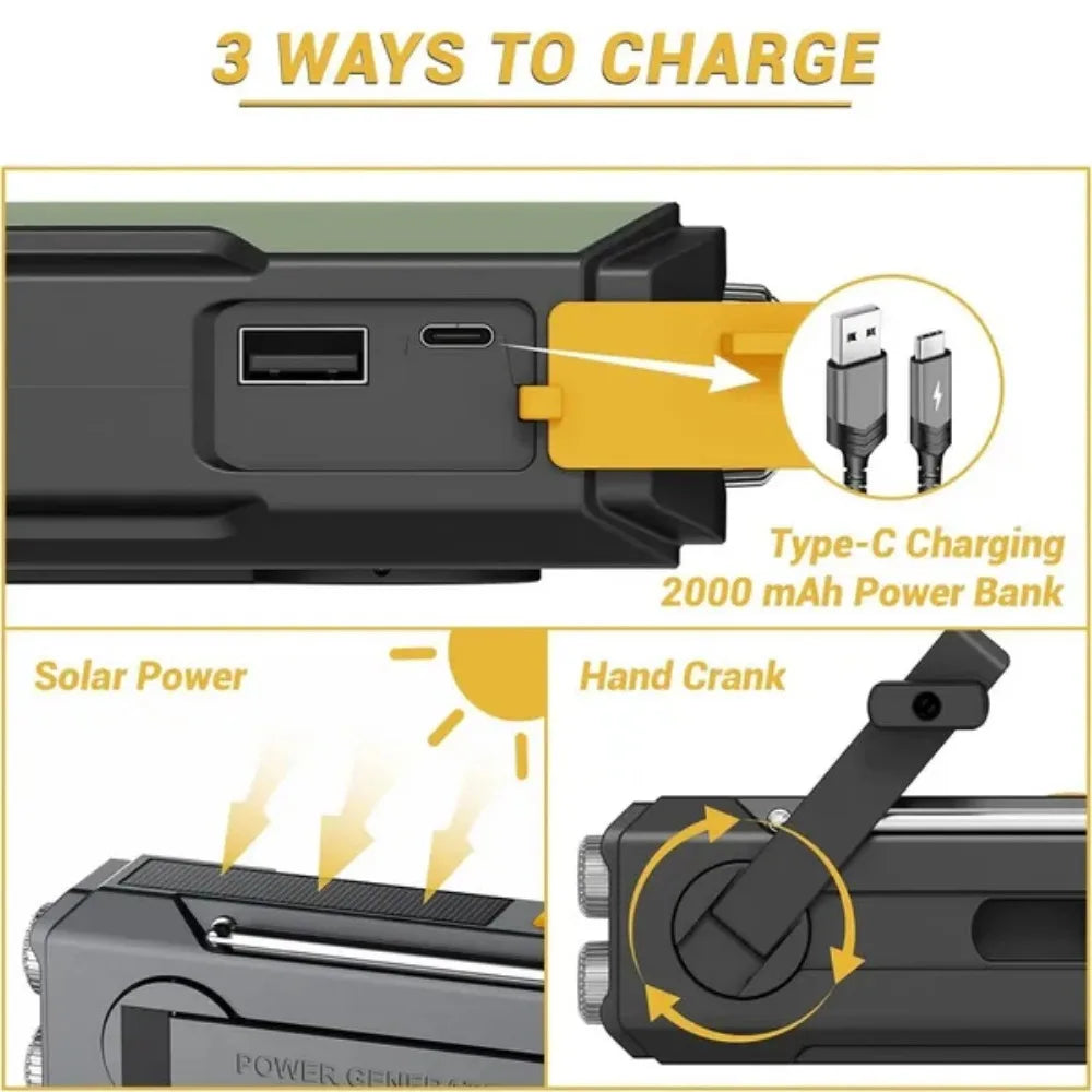 STONEGO Emergency Solar Hand Crank Radio Power Bank with NOAA Weather Alerts