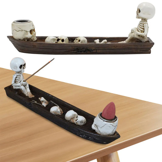 Alloet Skull Boat Incense Holder Gothic Resin Skeleton Statue