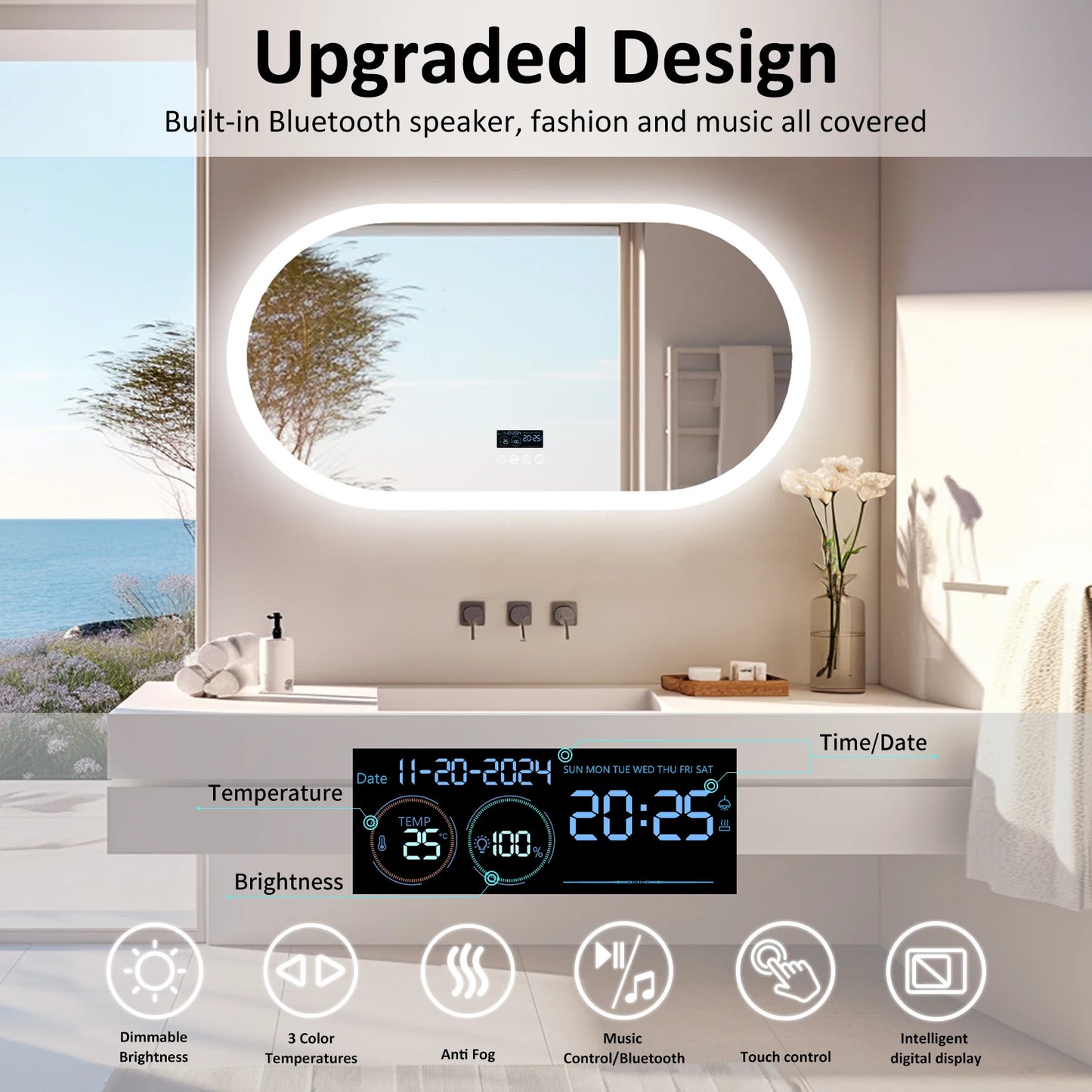 Oval LED Bathroom Mirror With Lights Anti Fog Bluetooth Speaker Dimmable 3 Color Temperature Levels Aluminum Frame-A