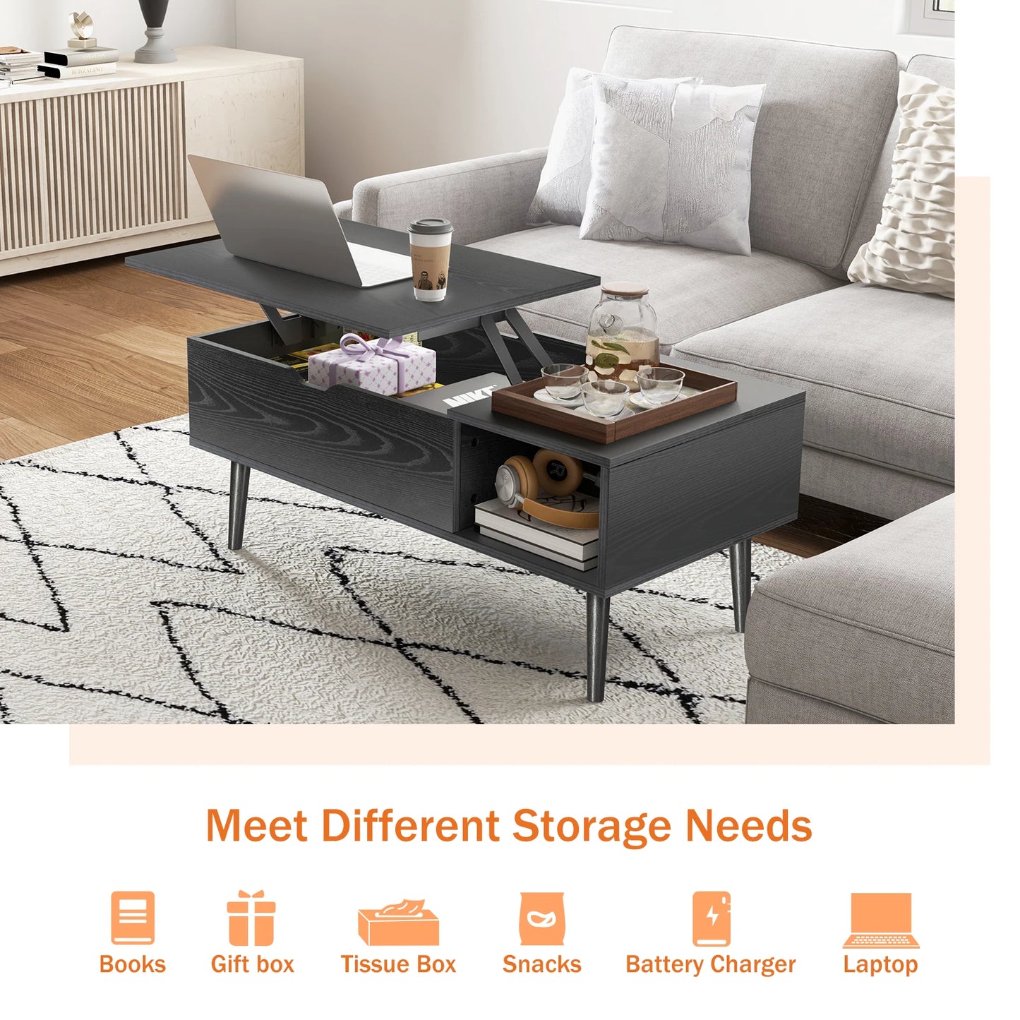 JHK Lift Top Coffee Table With Storage Modern Hidden Storage For Remotes Books And More In Living Room-A