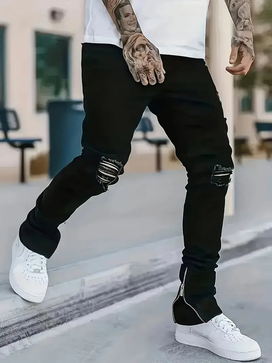 Men Slim Fit Jeans With Ripped Detail Cotton Blend Comfort