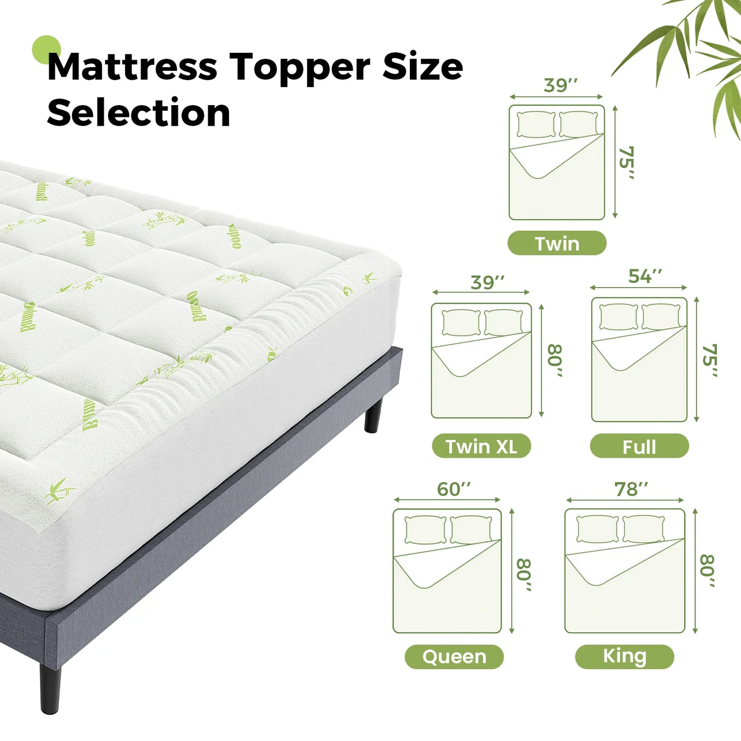 JHK Bamboo Fiber Mattress Topper With Deep Pockets Non Slip Secure Fit For Comfort Sleep-A