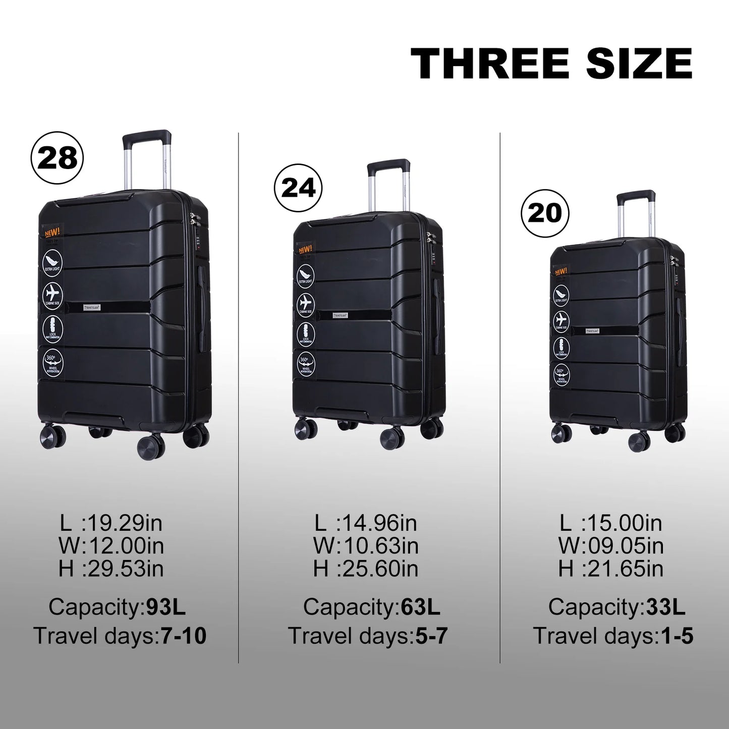 Travelhouse 3 Piece Hardshell Spinner Luggage Set with TSA Lock Durable Lightweight Suitcases for Carry On and Checked-A