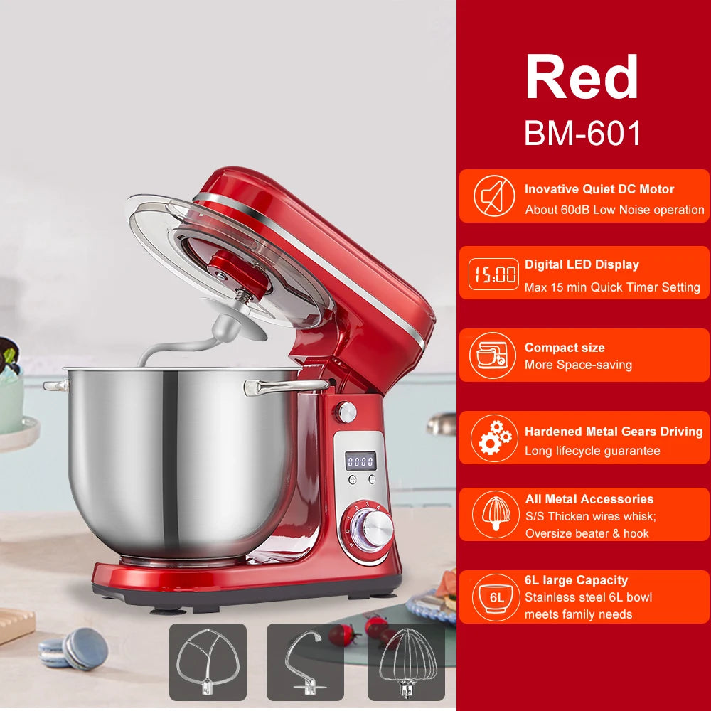 Biolomix Professional 6L Stand Mixer 1200W Copper DC Motor With 6 Speeds And Pulse-A