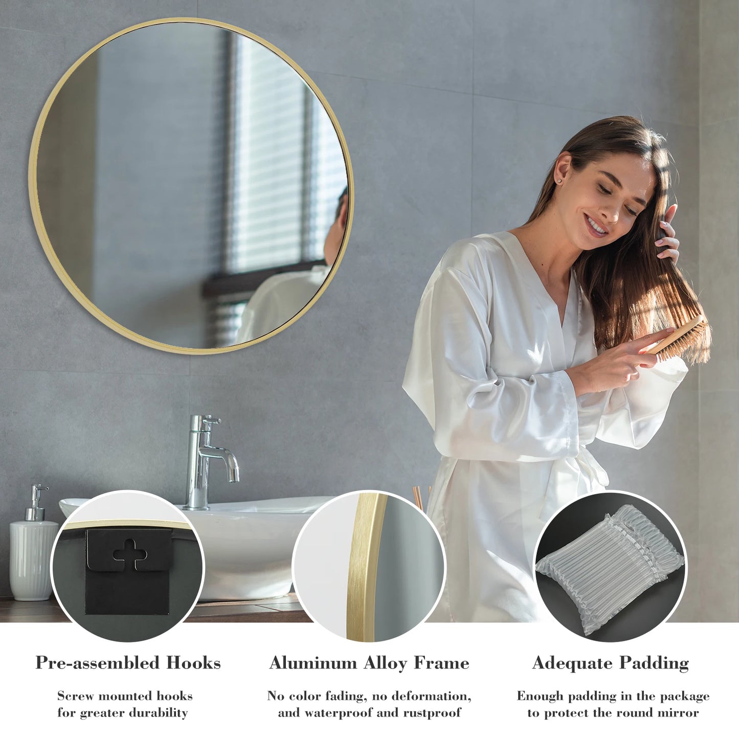 JHK Round Vanity Mirror With Matte Metal Frame Distortion Free Reflection Silver Plated Glass For Makeup And Grooming-A