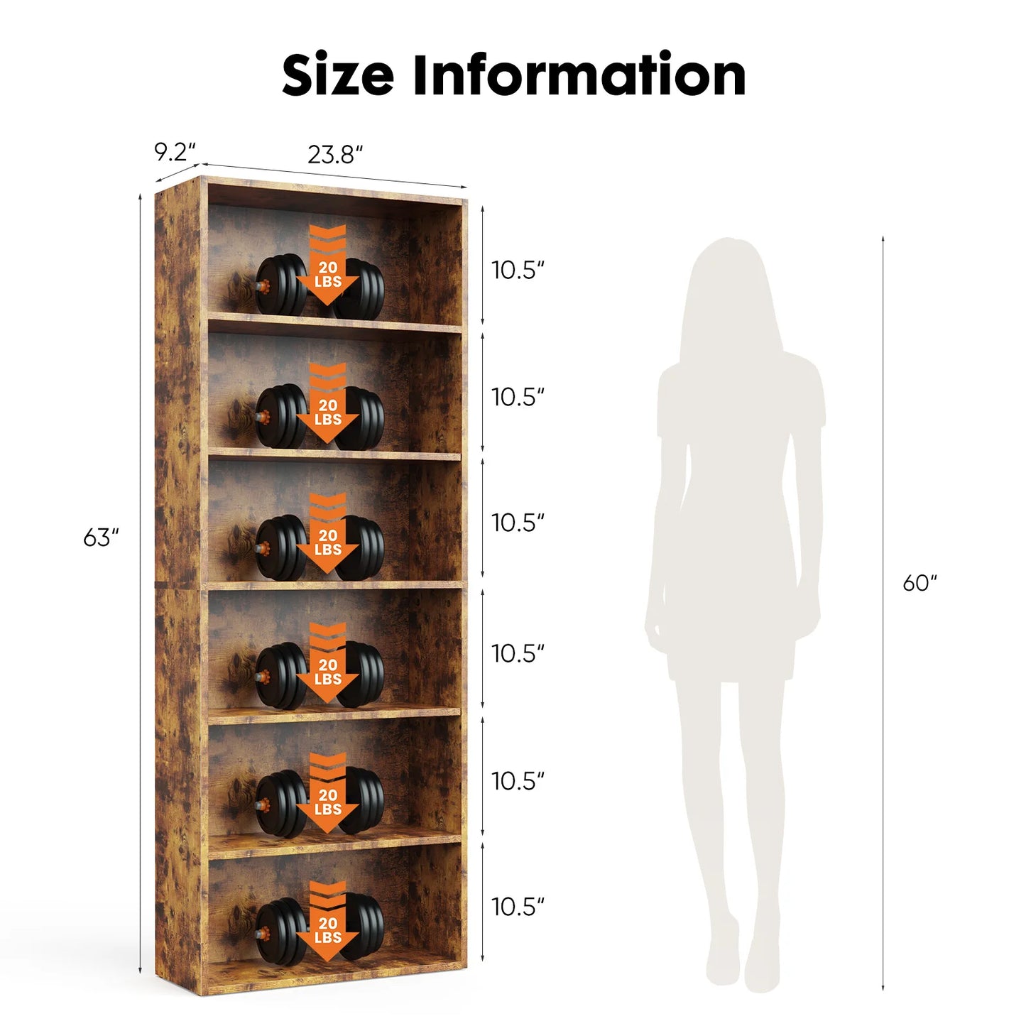 JHK 6 Tier Wooden Bookcase Floor Standing Open Shelves for Living Room and Home Office Storage-A