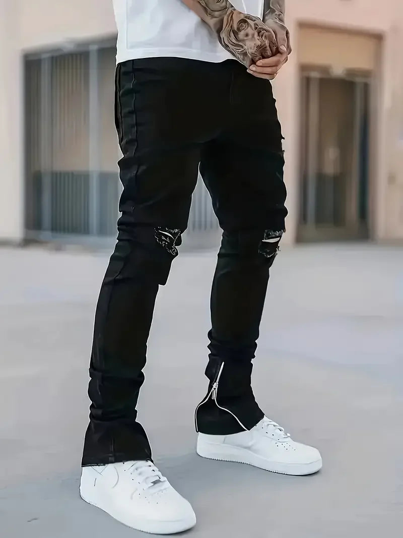 Men Slim Fit Jeans With Ripped Detail Cotton Blend Comfort Stretch Ankle Length Everyday Wear-A