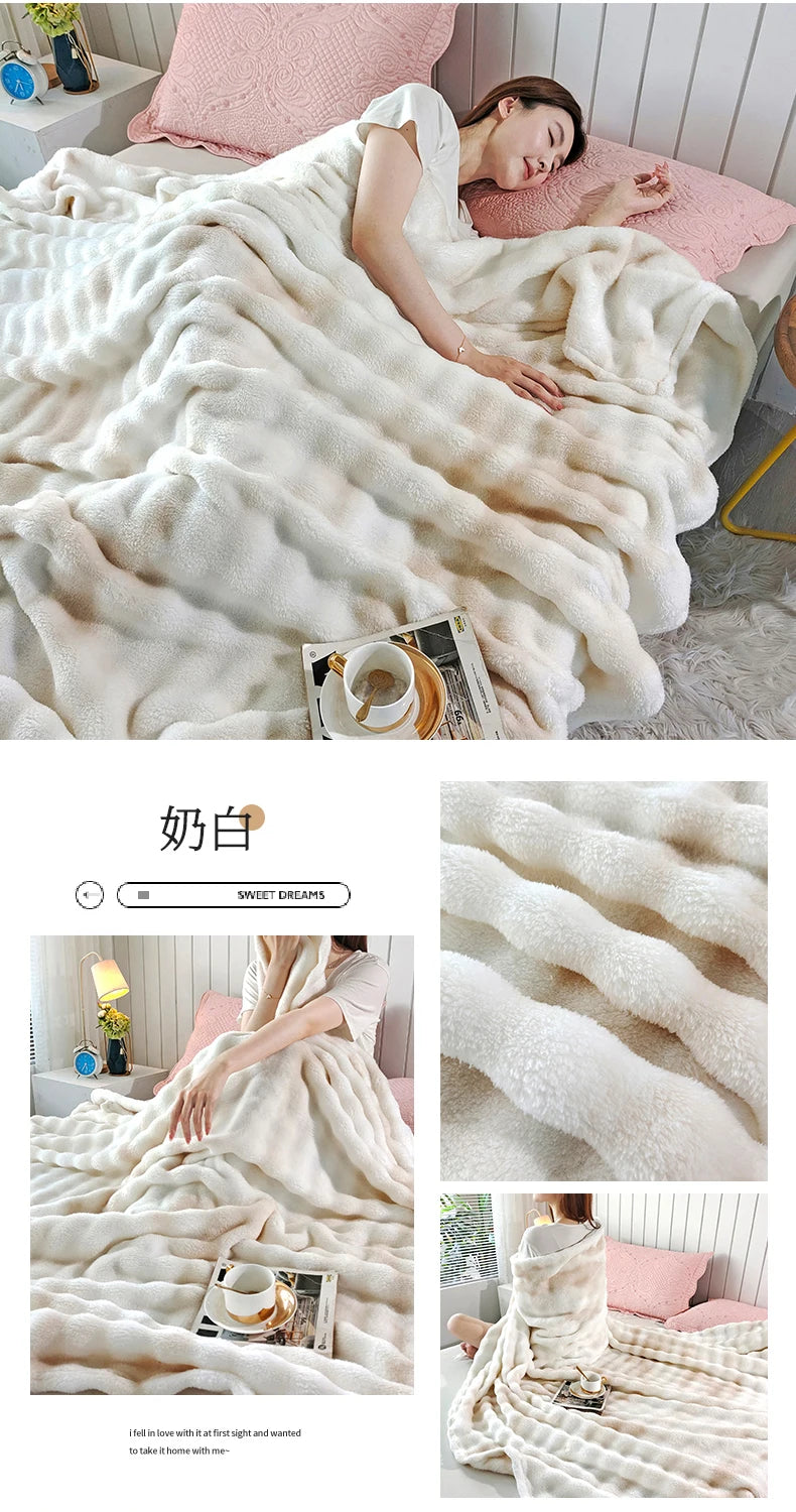 KDV Gradient Bubble Fleece Throw Blanket Plush Faux Rabbit Fur Knit Coral Fleece Texture-A