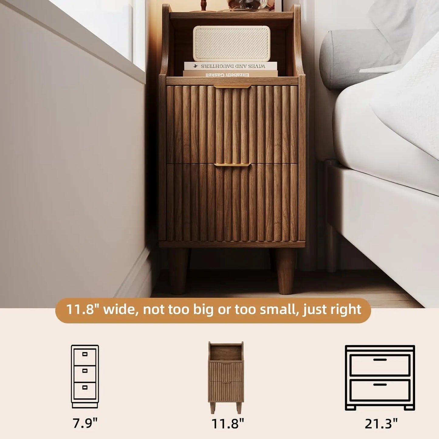 Frame Slim Nightstand Twin Set Of 2 With 2 Drawers Bedside Tables For Small Spaces-A