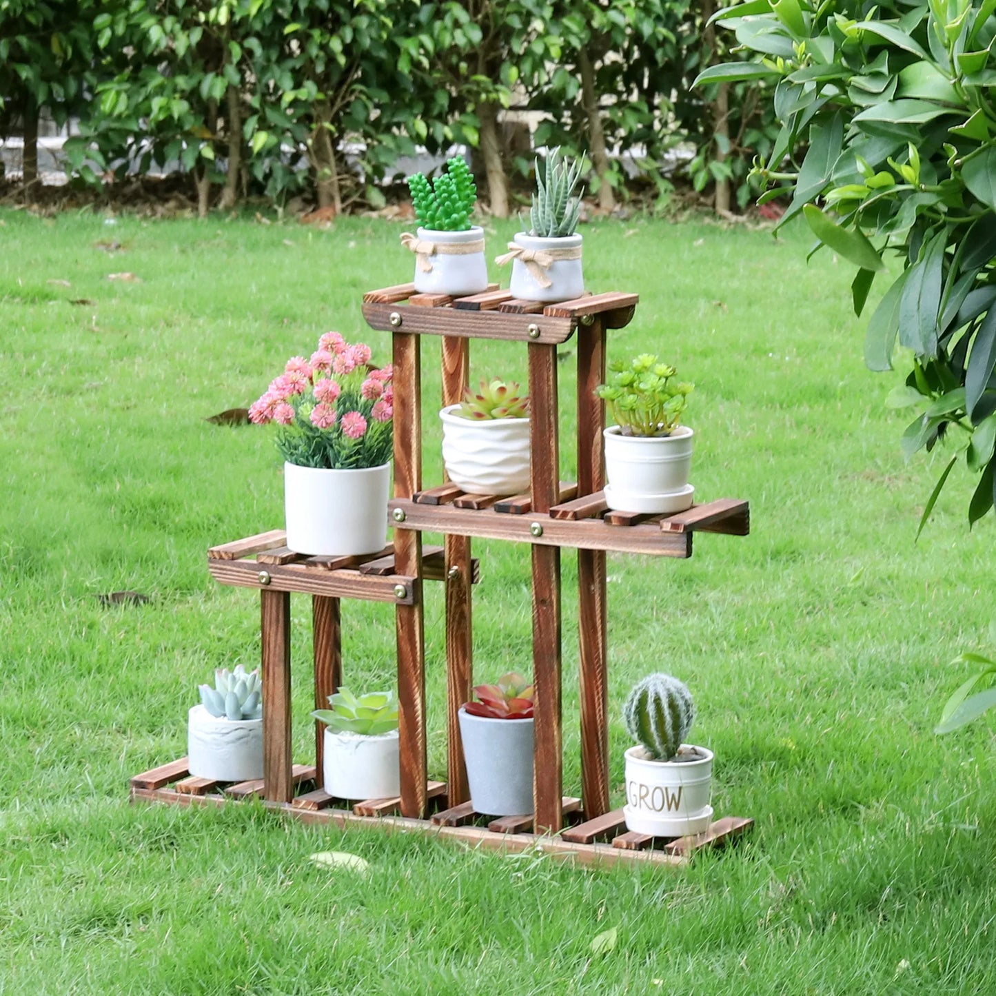 Carbonized Wood Plant Stand Four Tier Succulent Rack Mini Desktop Plant Holder for Outdoor Balcony Garden-A