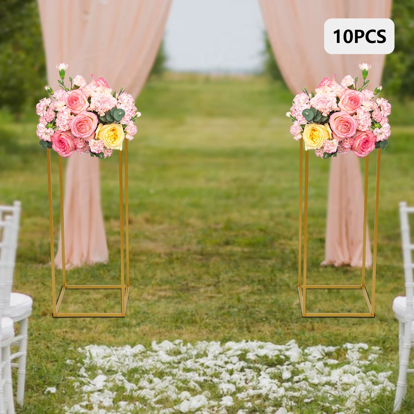 Gold-Toned 10 Piece Metal Flower Rack Set For Weddings And Events With Elegant Centerpiece Displays-A