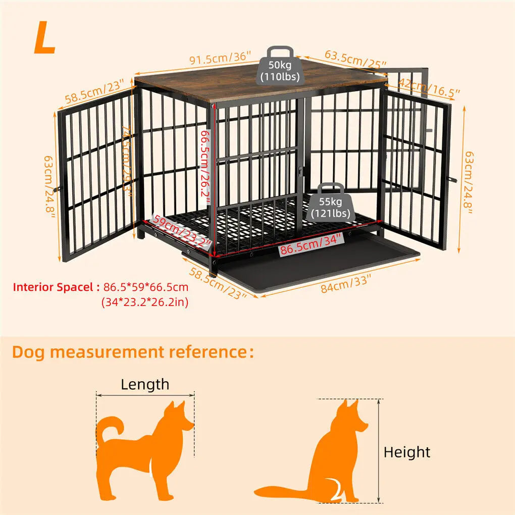 Bingopaw Heavy Duty Dog Kennel End Table Crate With Three Doors Built From Iron And MDF With Wood Tone Top-A