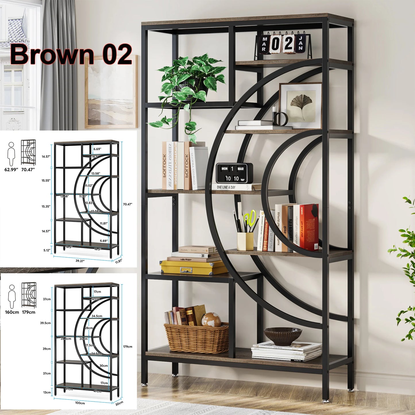 Tribesigns Industrial 5 Tier Etagere Bookcase Freestanding Shelf Black Iron Rustic Wood-A