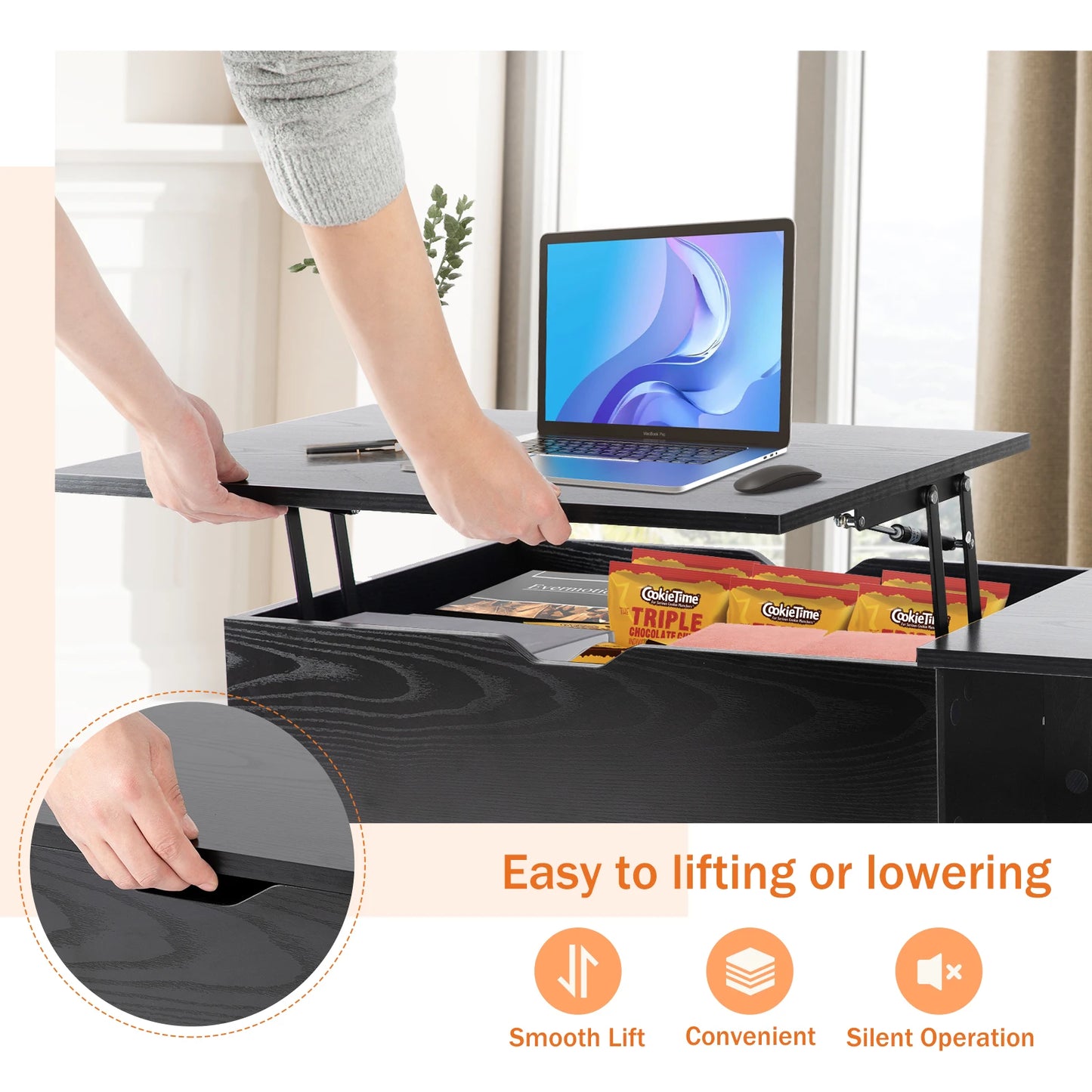 JHK Lift Top Coffee Table With Storage Modern Hidden Storage For Remotes Books And More In Living Room-A
