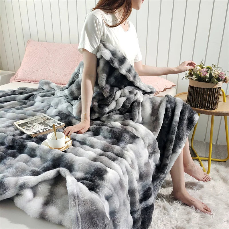 KDV Gradient Bubble Fleece Throw Blanket Plush Faux Rabbit Fur Knit Coral Fleece Texture-A