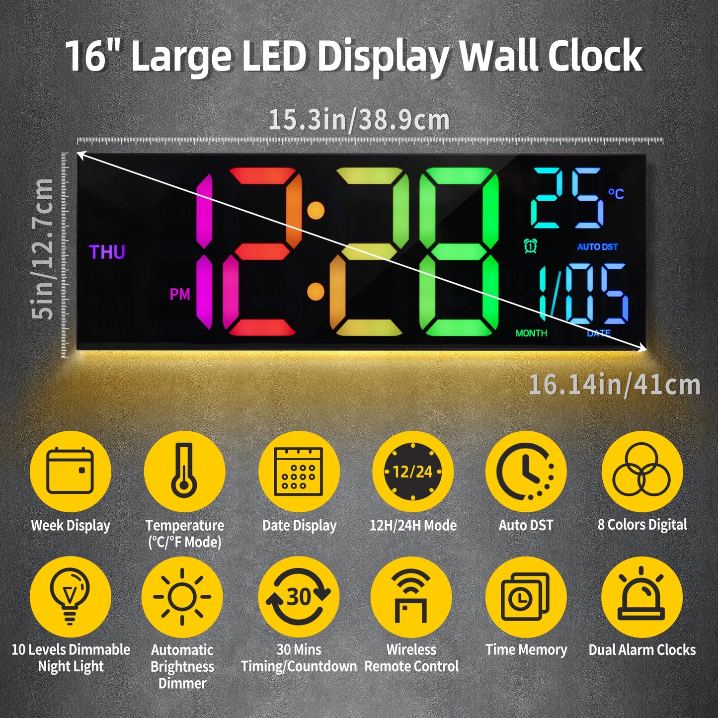 Digital Wall Clock With Large LED Display And Remote 16 Inch 9 Color Modes Night Light For Living Room-A
