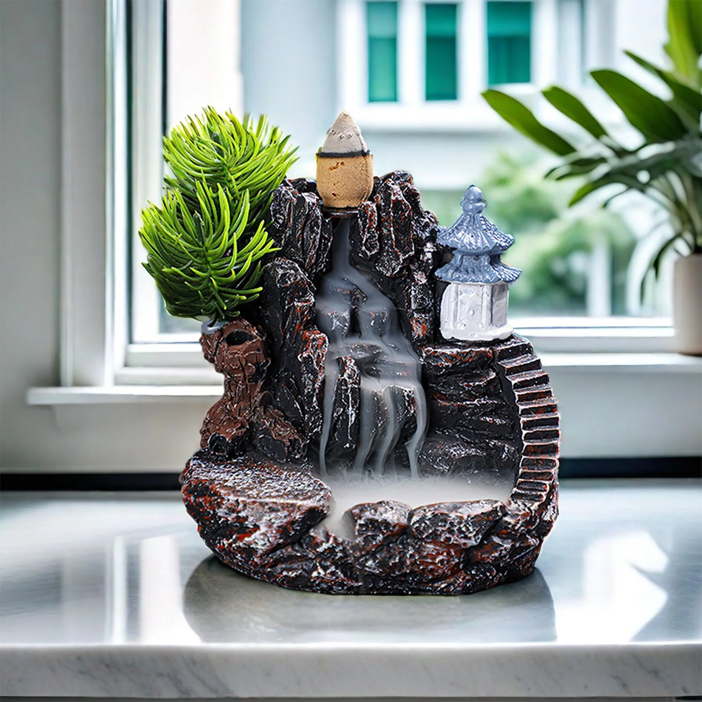 Backflow Incense Holder Resin High Mountain Waterfall Scene Zen Decor Aromatherapy Burner Art Gift-A